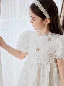 Elladie kids 1件女童休闲圆领拉链后背欧根纱玫瑰花装饰泡泡袖A字连衣裙，百搭白色，适合生日派对、夏季等场合 - 杏色 - 查看 7