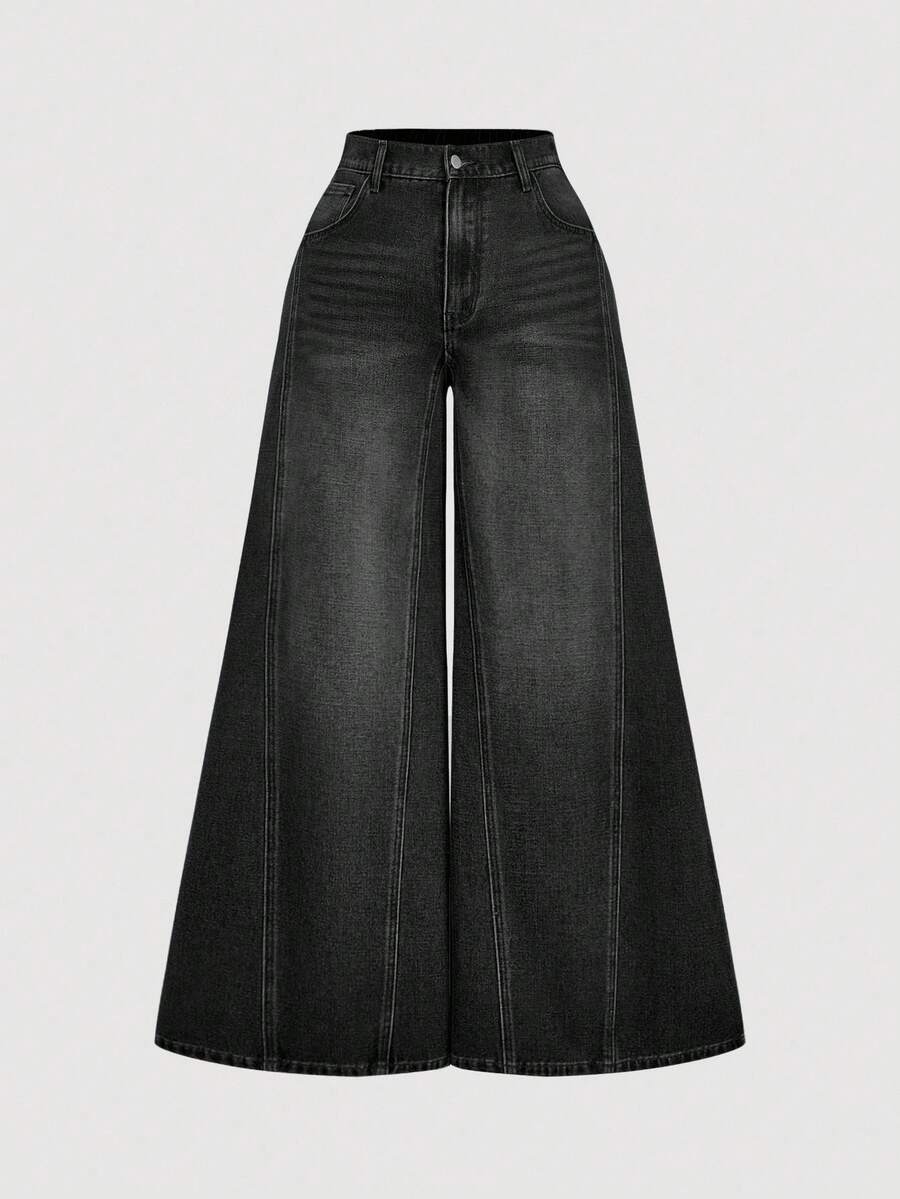 SHEIN MOD 大码女式宽松口袋喇叭裤休闲百搭牛仔裤 - 黑色 - 查看 1