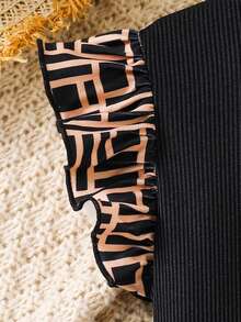 SHEIN 少女撞色编织圆领荷叶边下摆休闲连衣裙 - 彩色 - 查看 4