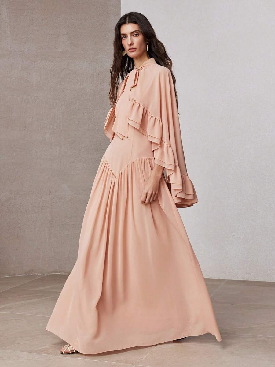 ZEYLAH 2pcs Romantic Ruffle Trim Camisole Maxi Dress, Spring - Coral Pink - View 1