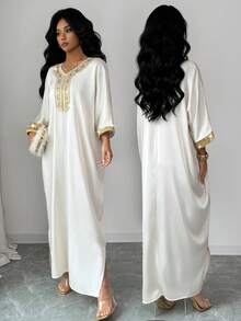 Women's Elegant V-Neck Gold Floral Lace Trim Loose Long Robe Robe, Spring - Apricot - View 3