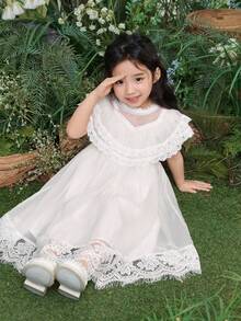 DAZY Girls (Small) Lace Korean Style Casual Round Neck Ruffle Trim Dress - White - View 3