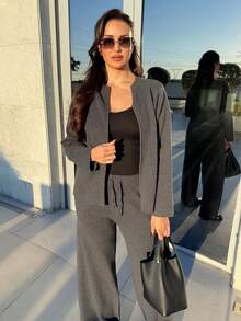 MDEdit 休闲时尚百搭舒适宽松长袖女式开衫两件套家居服套装 女士家居服套装 舒适家居服套装 粉色家居服套装 针织家居服套装 秋冬 - 深灰色 - 查看 3