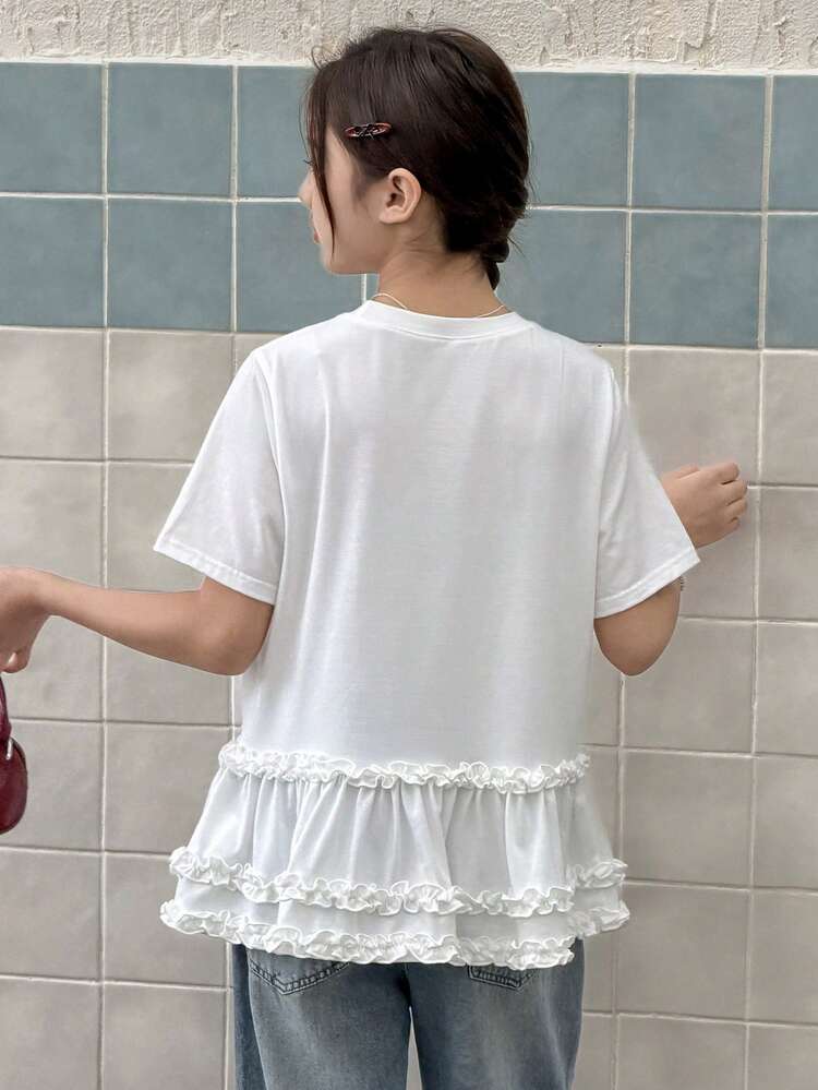 Tween Girls' Solid Color Minimalist Casual Round Neck Short Sleeve T-Shirt Summer