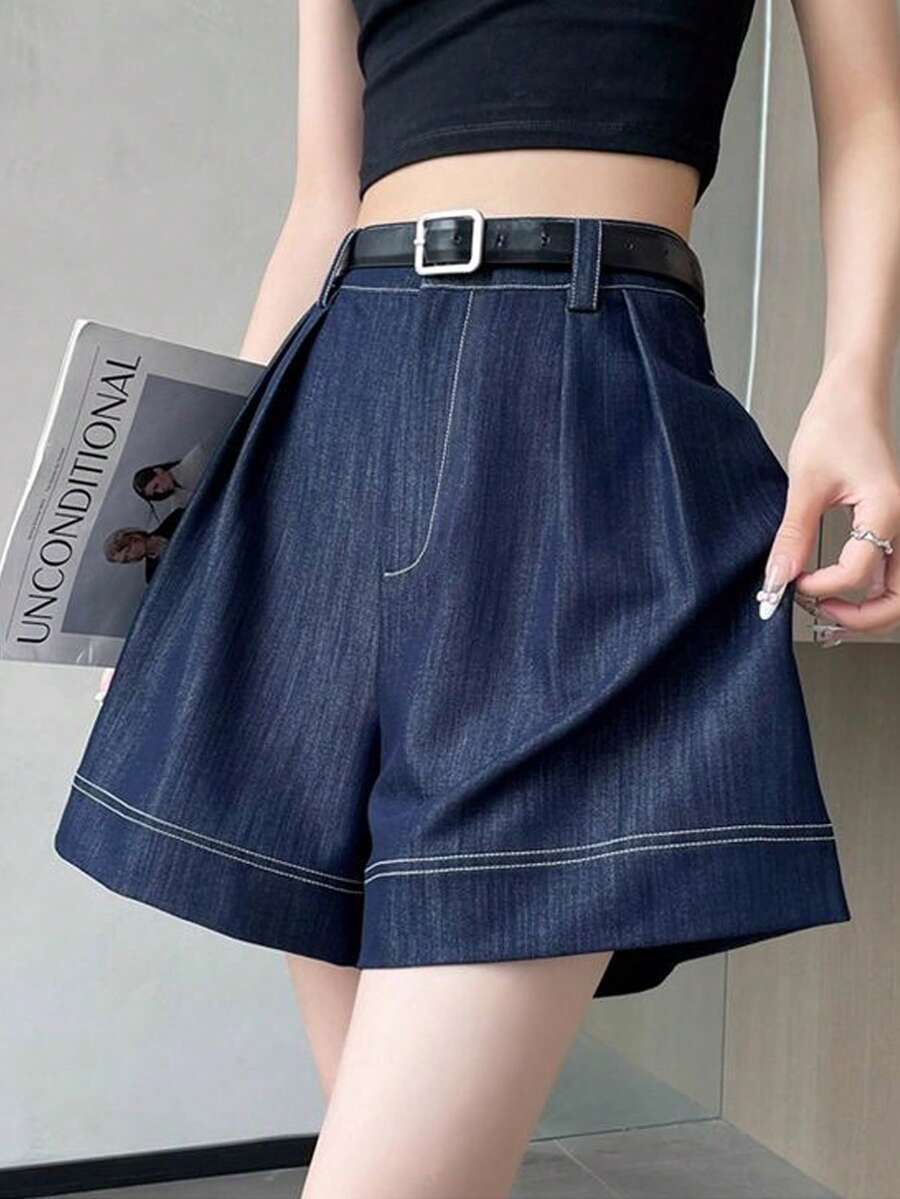 INAWLY 女士时尚休闲高腰A字阔腿百慕大短裤 - 藍色 - 查看 1