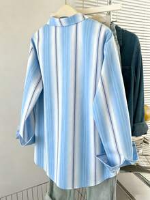 INAWLY Women's Casual Striped Print Shirt, Spring/Autumn - Blue - View 2