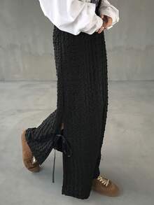 FRIFUL 女士泡泡纹理面料开衩下摆纯色半身裙 - 白色 - 查看 5