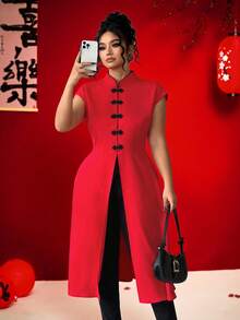 Elenzga 情人节加大码女士优雅旗袍领中式纽扣腰部开衩不对称衬衫，情人节 - 紅色 - 查看 5