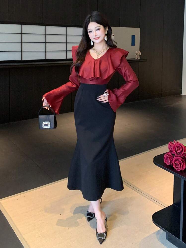 Spring/Summer Elegant Patchwork Color Block Long Sleeve Red Midi Dress, Fashion Party/Wedding/Banquet Occasion Sundress