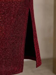 Franclia 女士纯色酒红色交叉方领褶皱腰身修身迷你连衣裙，酒红色连衣裙，红色连衣裙，假日，新年，情人节，夏季，约会 - 酒紅色 - 查看 4