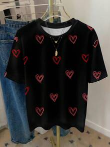 SHEIN LUNE Casual Minimalist Valentine's Day Heart Graphic Round Neck Loose Fit Women T-Shirt,Valentine's Day , Valentine Outfits For Women ,Valentines Day , Valentine Clothes ,Valentine's Day Outfit Carnival - Multicolor - View 6