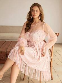 Flirla 2026 大码星形亮片网纱圆领半透明长泡泡袖胸前拼接网纱腰部抽绳女式连衣裙 - 粉色 - 查看 7