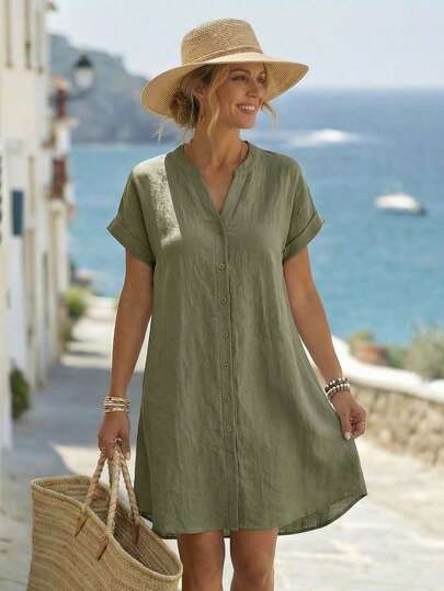 EMERY ROSE Women's Solid Color Button Front Short Sleeve Casual Mini Dress,Summer Dresses For Women