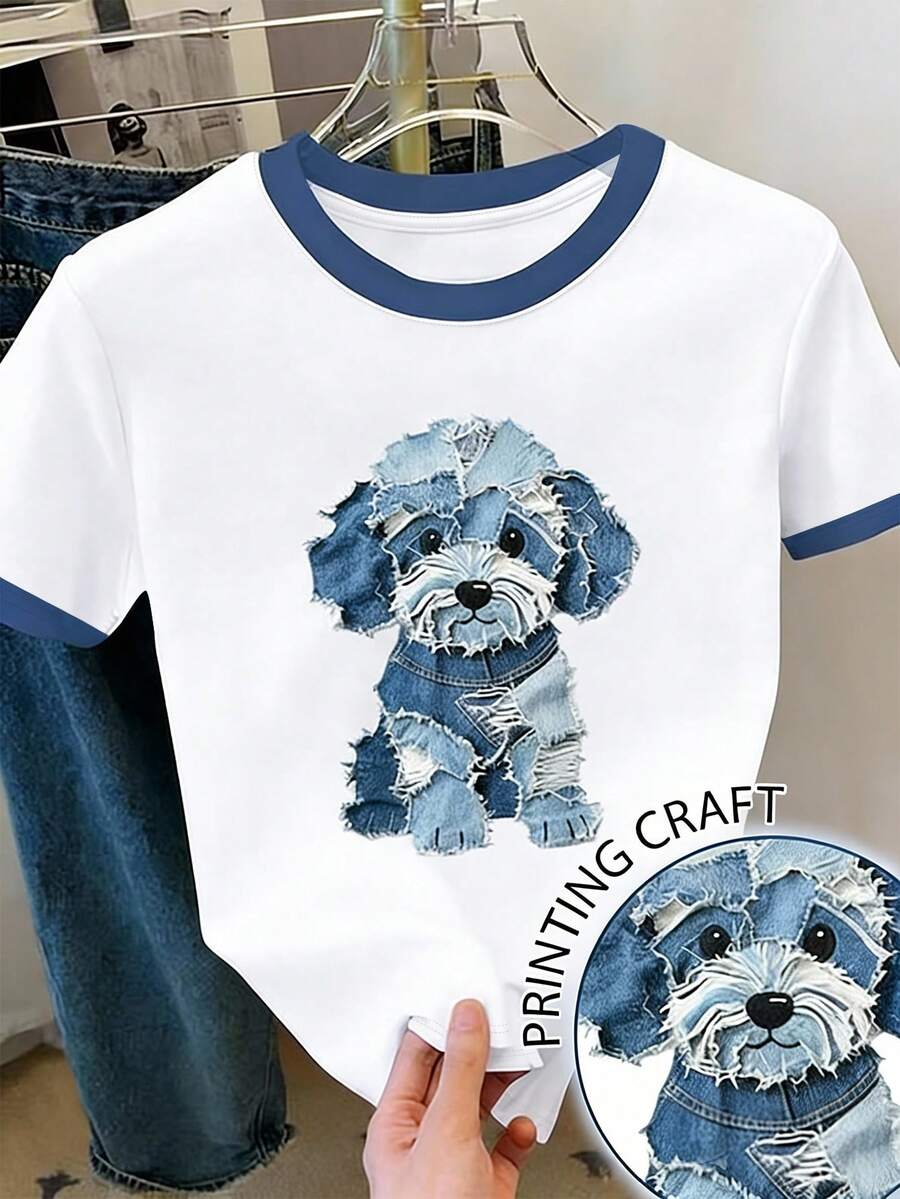 Áo thun ngắn tay cổ tròn họa tiết hình cún con dễ thương dành cho bé gái tuổi teen, đa năng cho mặc hàng ngày. - trắng - Xem 1