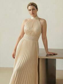 MOTF PREMIUM PLUS SIZE SOLID HALTER TIE BACK SHIRRED WAIST PLEATED DRESS - Apricot - View 5