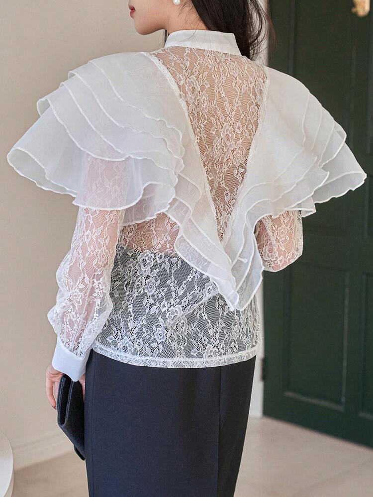 Women's Elegant Lace Patchwork Ruffle Hem Blouse, Spring/Summer,Wedding Guest Dress Women