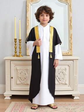 2pcs/Set Boys' Traditional Middle Eastern Half-Placket Mandarin Collar Shirt Set With Black Jacket, Golden Ribbon Trim Decoration, Elegant & Fashionable