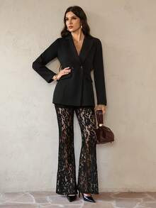 SHEIN Tall 女士优雅宽松双排扣长袖西装外套和喇叭蕾丝裤套装，春秋季黑色套装 - 黑色 - 查看 5