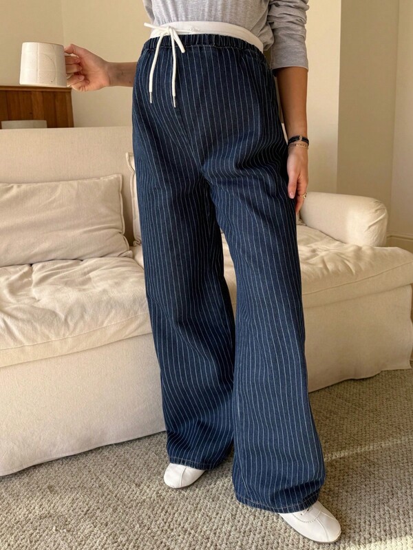 SHEIN Maternity Striped Print Contrast Waist Casual Versatile Jeans Valentine's Day Vacation Outfits Women Carnaval Summer Spring Commuting Graduation Chic Y2k Cute Streetwear Party Wedding Elegant Business Casual Woman