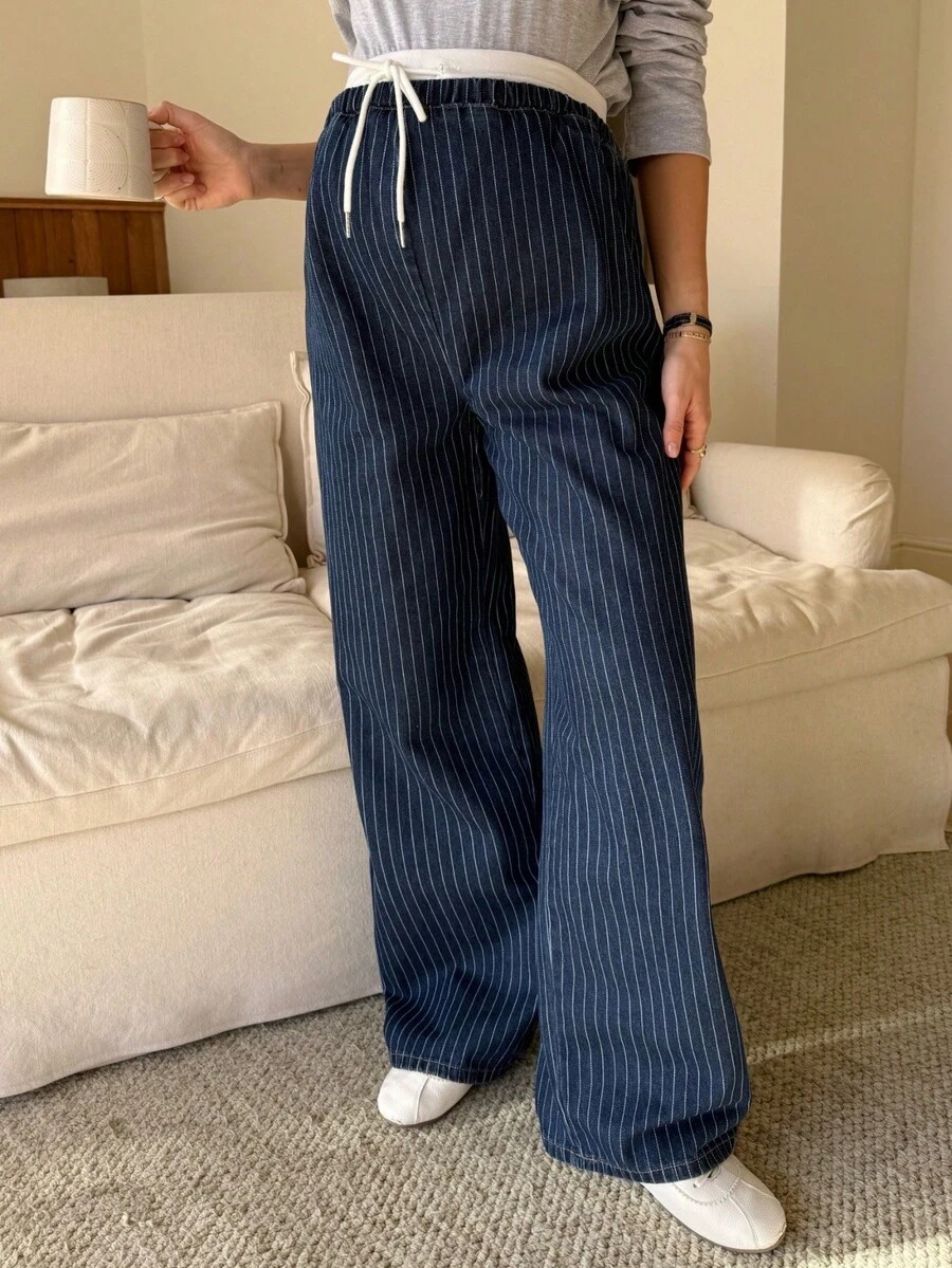 SHEIN Maternity Striped Print Contrast Waist Casual Versatile Jeans Valentine's Day Vacation Outfits Women Carnaval Summer Spring Commuting Graduation Chic Y2k Cute Streetwear Party Wedding Elegant Business Casual Woman