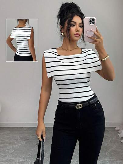 Elenzga Minimalistisk färgblocksrandig veckad ärmlös off-shoulder draperad figursydd damtröja