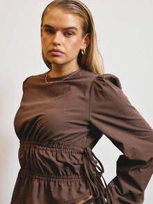 SHEIN Aralina-E Textured Lightweight Woven Fabric Elastic Waist Puff Sleeve Relaxed Fit Everyday Casual Top - Coffee Brown - View 4