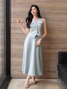 DAZY 女士优雅纯色仿口袋背心半裙两件套，春夏婚礼宾客礼服 - 藍色 - 查看 3