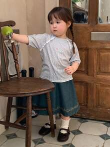 DAZY 女童圆领波点卡通印花蕾丝拼接长袖上衣，春夏款 - 灰色 - 查看 3