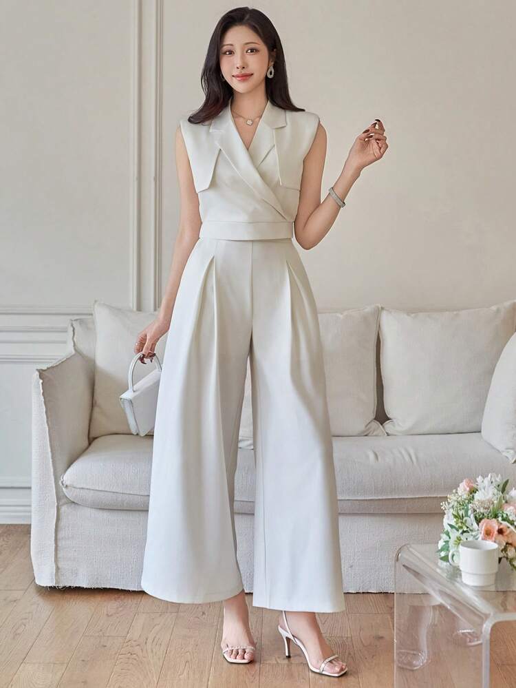 Women's Casual Solid Color Blazer Vest And Wide Leg Pants 2 Pieces Set, Spring/Summer,Wedding Guest Dress Women
