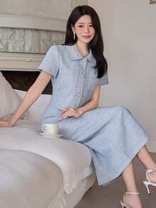 DAZY 女士优雅图案口袋衬衫和直筒裙两件套，春夏款 - 藍色 - 查看 6