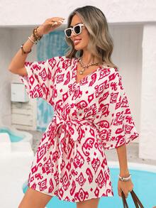 Vivid Eden 女士V领交叉腰带系带荷叶边纹理面料休闲度假连体衣 - 粉色 - 查看 4