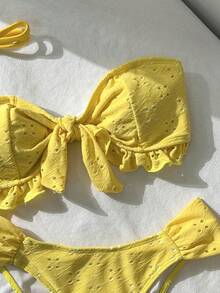 Swim Vcay Spring/Summer Solid Color Strap Jacquard Fabric Wireless Bow Decor Cute Beach Vacation Swimsuit Set