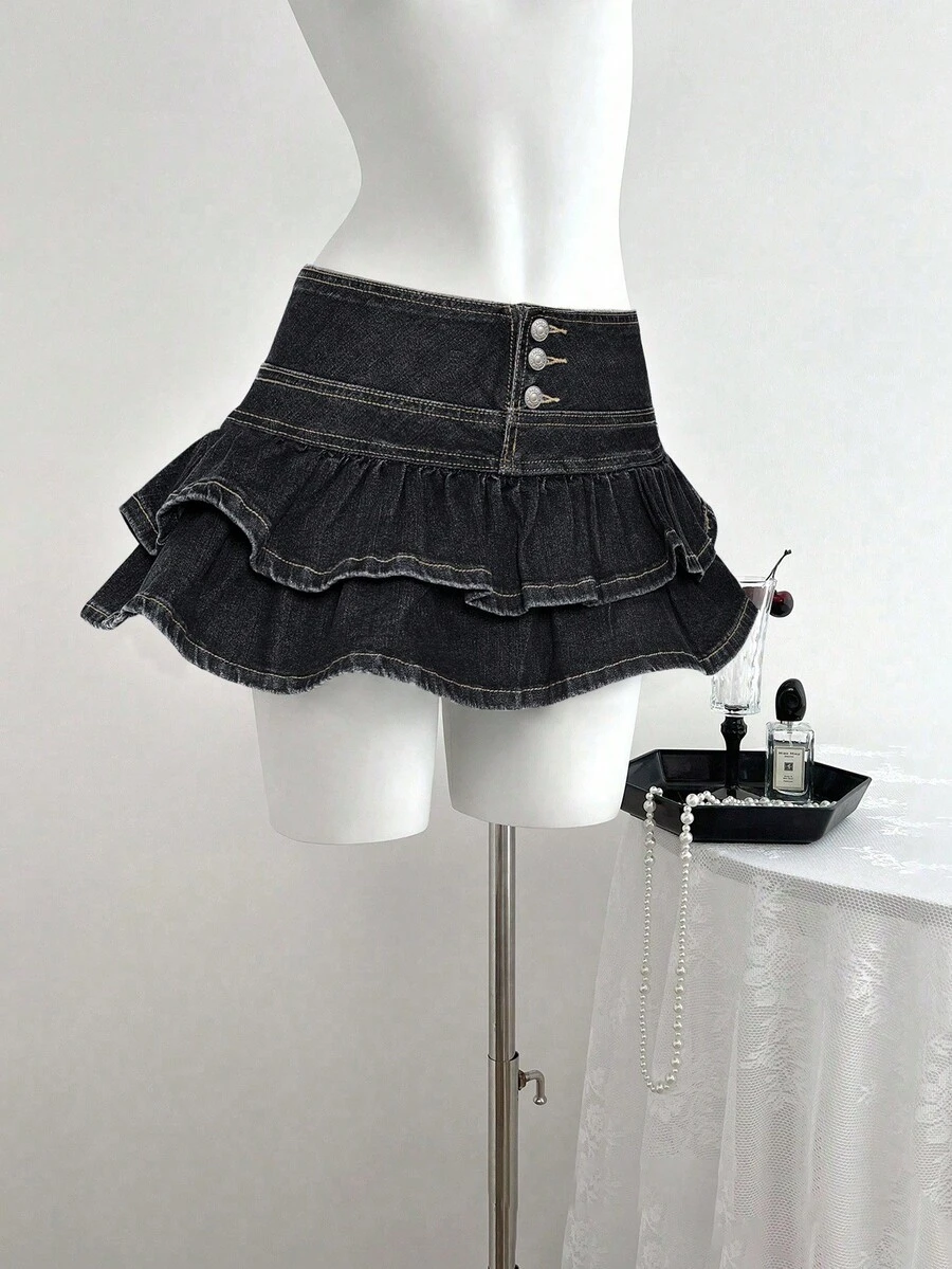 SHEIN ICON 大码纯色简约休闲Y2K时尚半身裙 - 黑色 - 查看 1