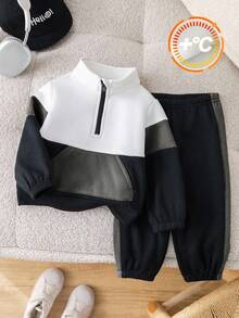2pcs/Set Kids Boys Thickened Color Block Stand Collar Sweatshirt & Cargo Pants Tracksuit, Comfortable Versatile Fashion Casual Outfit Suitable For Indoor, Outdoor, Daily Wear, Sports, Play, Party, Photo Shoot, Back To School, Streetwear, Joggers, Autumn/Winter - Multicolor - View 2