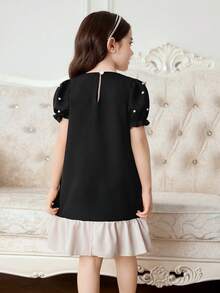 Elladie kids 1 chiếc đầm công chúa mùa hè mới cho bé gái, cổ tròn, viền bèo nhún, tay áo nhăn phía trước, trang trí ngọc trai, nơ có thể tháo rời, kiểu dáng thanh lịch cổ điển, thường ngày. - màu đen - Xem 2