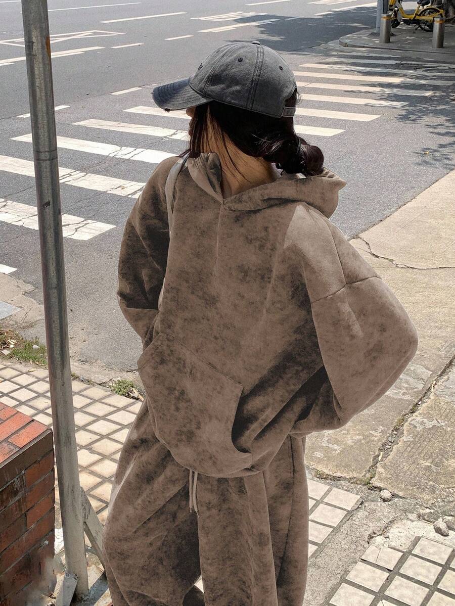 DAZY 2件套 女式连帽休闲韩版卫衣和宽松运动裤 - 咖啡棕 - 查看 1