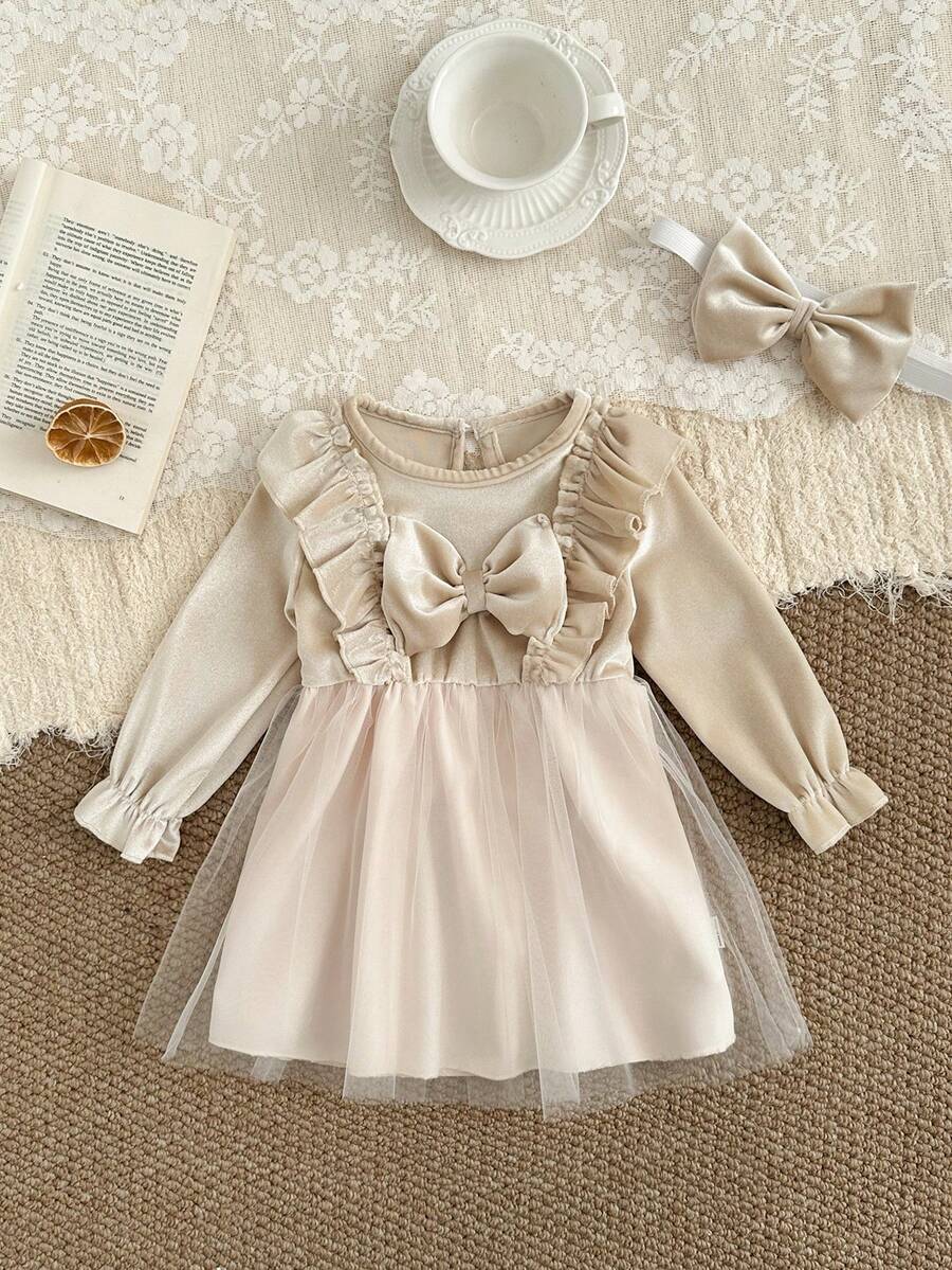 SHEIN Đầm dự tiệc bằng vải lưới trang trí nơ thanh lịch cho bé gái - Màu be - Xem 1