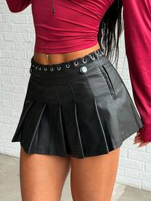 Jeanoix Y2K Women's Coated Pleated Mini Skirt - Black - View 1