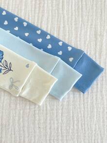 3pcs Baby Girls Fashionable Minimalist Heart Flower Rabbit Print Stretchy Knit Crew Neck Long Sleeve Top And Pants Casual Comfortable Homewear Set Baby Set Autumn Winter Season Pajama Baby Set Baby Casual Sets Snug Fit - Blue - View 7