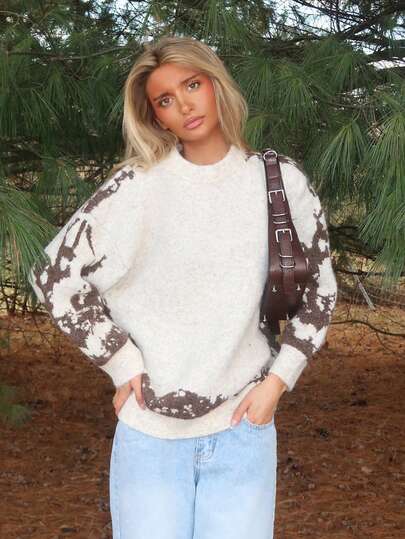 Sydney Algeri كنزة صوفية كنزة نسائية فضفاضة كاجوال بطبعات زهور وأوراق نباتية على قاعدة داكنة للخريف والشتاء