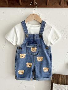 LMoss Kids Baby Boy Cute Cartoon Bear Print Denim Bib Shorts With Flap Pockets, Casual Daily Wear, Summer - Light Wash - View 7