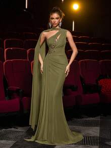 Glamrae Elegant Brown High-Stretch Mesh Asymmetric Shoulder Maxi Dress,Metal 3D Floral Decor,Front Ruching,Draped Side Panels,Fishtail Hem Formal Gown - Olive Green - View 3