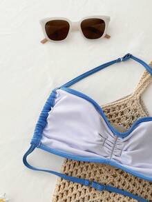 Teen Girls Vacation Style Blue Halter Bikini Set With 3D Rose Accents And Mid Waist Bottom - Blue - View 3