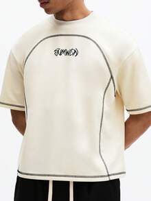 SUMWON Oversized Short Sleeve Crew Neck T-Shirt With Large Circular Contrast Stitching And Text Print - Apricot - View 5