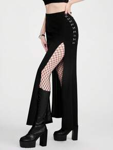 Chiquease 女士哥特风纯色金属钩扣松紧腰高开衩半身裙 - 黑色 - 查看 1