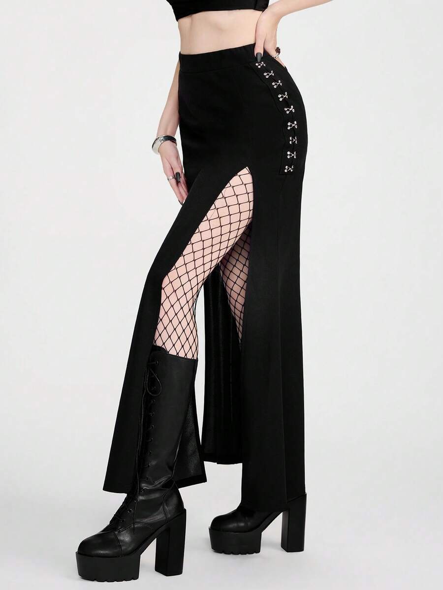 Chiquease 女士哥特风纯色金属钩扣松紧腰高开衩半身裙 - 黑色 - 查看 1