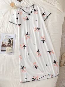 Vestido de Pijama Minimalista e Fofo com Estampa de Cereja para Meninas, Decoração com Laço Preto, Vestido Casual de Uso Doméstico para Meninas Pré-Adolescentes - Branco - Visão 7