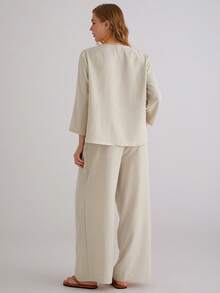 Parysyn 大码梭织女式休闲棉麻两件套 - 杏色 - 查看 3