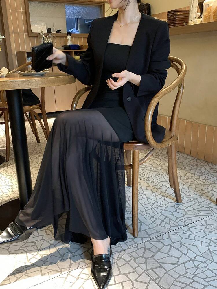 2pcs Women's Elegant Commuter Mesh Patchwork Dress And Jacket Set