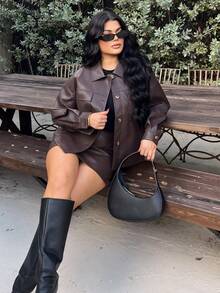 Dayanna Comas 2pcs/Set Blus Wanita Warna Polos Lengan Panjang Kancing Depan dengan Saku dan Rok Model A-Line Warna Cokelat Musim Dingin - Coklat - View 6
